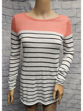 NWT Elle XS Coral White Black Striped Thin Knit Curled Table Tunic Sweater Top